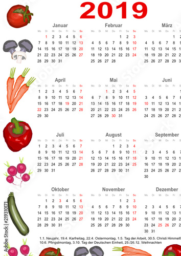 Kalender 2019 für Deutschland mit Markierung und Auflistung der gesetzlichen Feiertage umrandet mit verschiedenen Gemüsesorten
