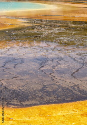Colorful geothermal features at Grand Prismatic Spring in Yellowstone National Park