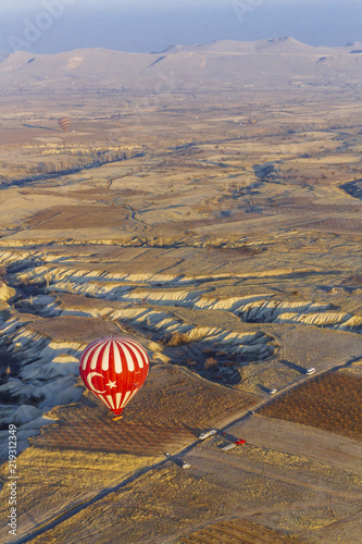 Hot-Air Balloon Landing with Landscape of Cappadocia, in Central Turkey