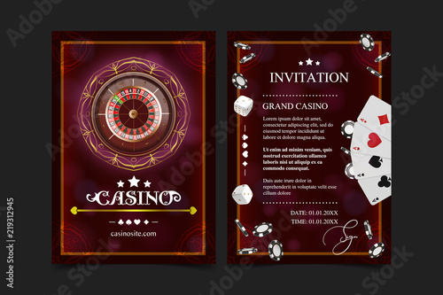 Casino background style Ace, Vip invitation poker game. Casino poster or banner background or flyer template. Playing Cards, dice, Chips. Game design. Playing casino games.