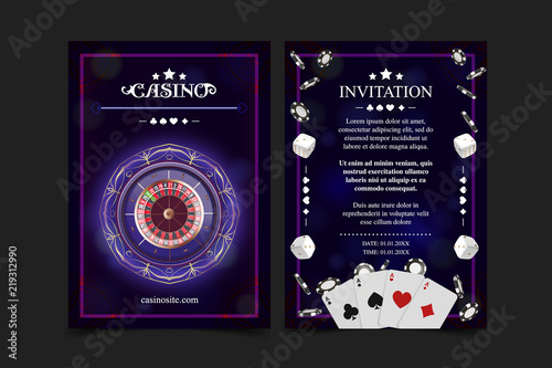 Casino background style Ace, Vip invitation poker game. Casino poster or banner background or flyer template. Playing Cards, dice, Chips. Game design. Playing casino games.