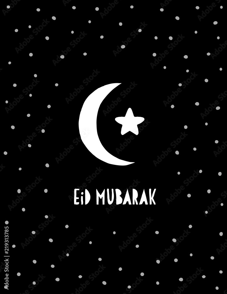 Eid Mubarak Abstract Hand Drawn Vector Card. Black Background with White  Dots, Moon and Star. White Hand Written Infantile Letters. Simple Cute  Design. Stock Vector | Adobe Stock