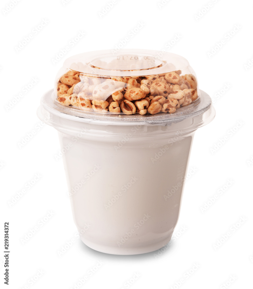 Yoghurt in package with puffed rice, mockup ภาพถ่ายสต็อก Adobe Stock