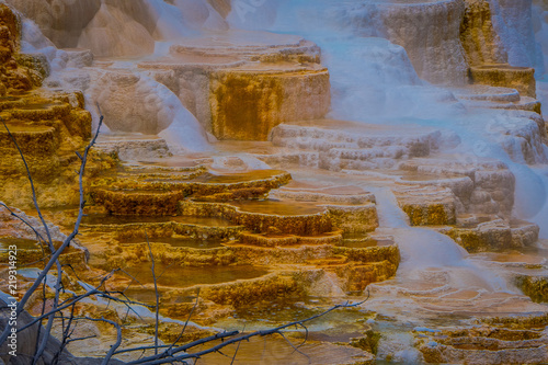 Sideways view of Canary Spring and terraces in the Mammoth Hot Spring area of Yellowstone National Park photo