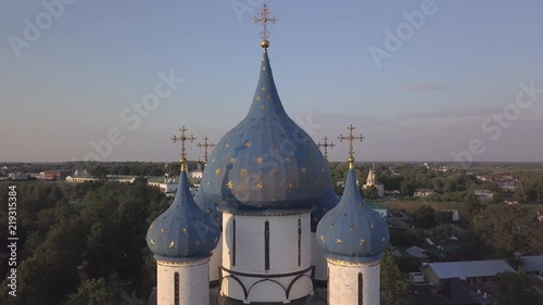 Flight around domes of the Cathedral of the Nativity of the Virgin in Suzdal. Russia