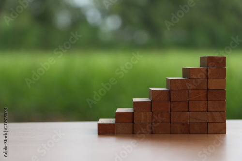 wood block stair with copy space on green background,Ladder career path for business growth success.