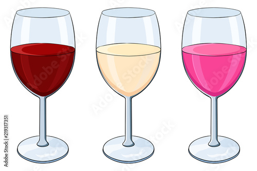 Glass of wine. Red, white and rose wine. Colored doodle