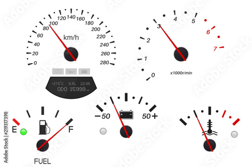 Car dashboard scales. Fuel gauge, speedometer, tachometer, temperature indicator