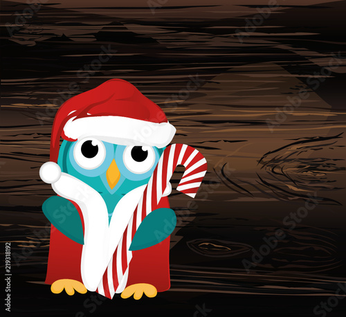 Owlet  in Santa Claus costume holds a Christmas candy.  Greeting card for the new year. Empty place for your text or advertisement. Vector on wooden background. photo