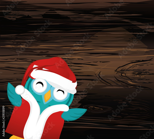 ute  owl happy smiling and waving its wings up. Greeting card for Christmas or New Year. Empty place for your text or advertisement. Vector on wooden background.