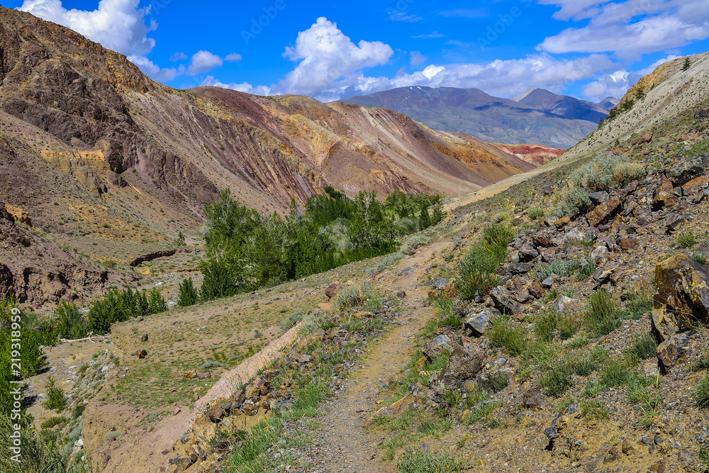 View of Kyzyl Chin clay cliffs and Kuray Range, Altai mountains, Russia