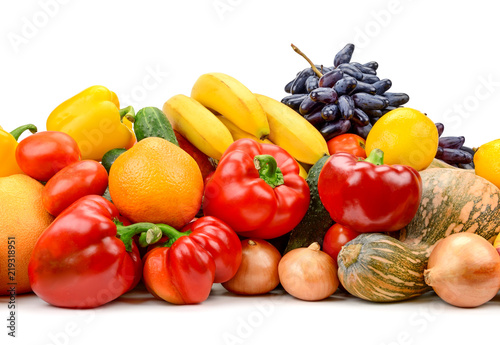 Big pile fruits  vegetables  berries isolated on white