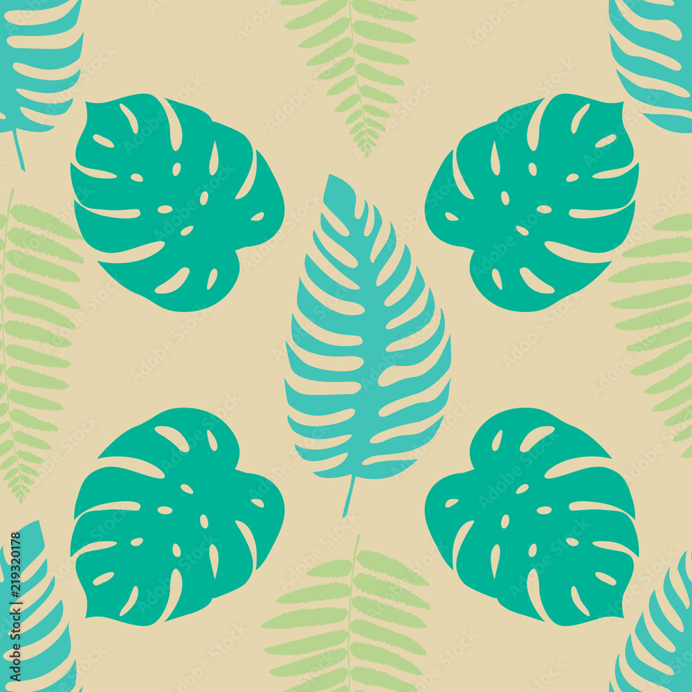Fototapeta premium Exotic monstera and fern leaves on a light background. Print summer seamless vector pattern wallpaper in trend colors. Vector EPS10