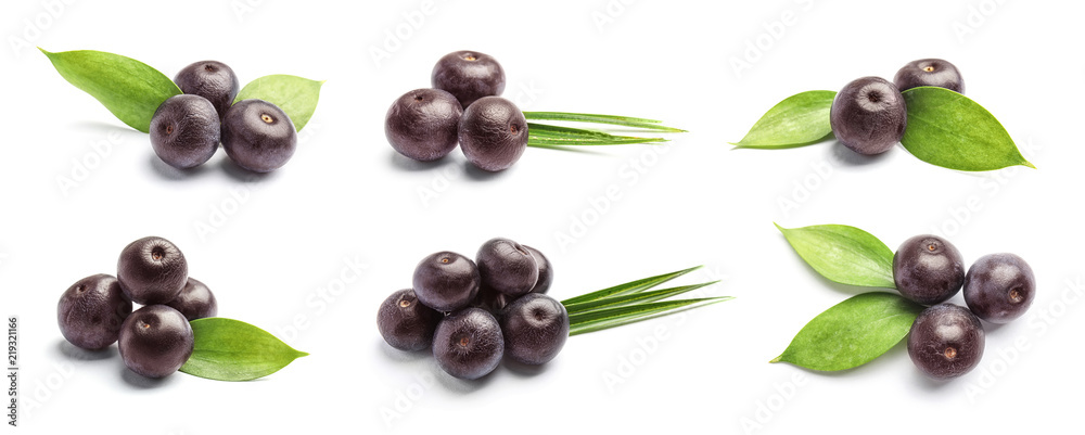 Set with acai berries and green leaves on white background. Organic superfood - obrazy, fototapety, plakaty 