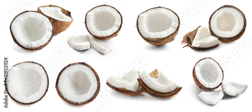 Set with ripe coconuts on white background