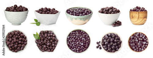 Set of bowl with acai berries on white background. Organic superfood