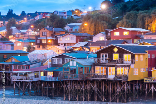 Traditional stilt houses know as palafitos in the city of Castro at Chiloe Island in Southern Chile photo