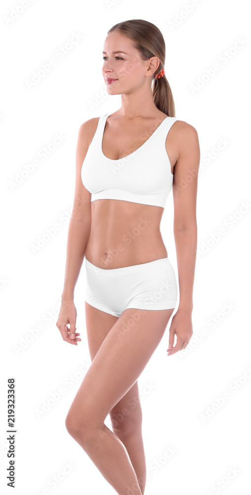 Fototapeta premium Slim woman in underwear on white background. Healthy diet