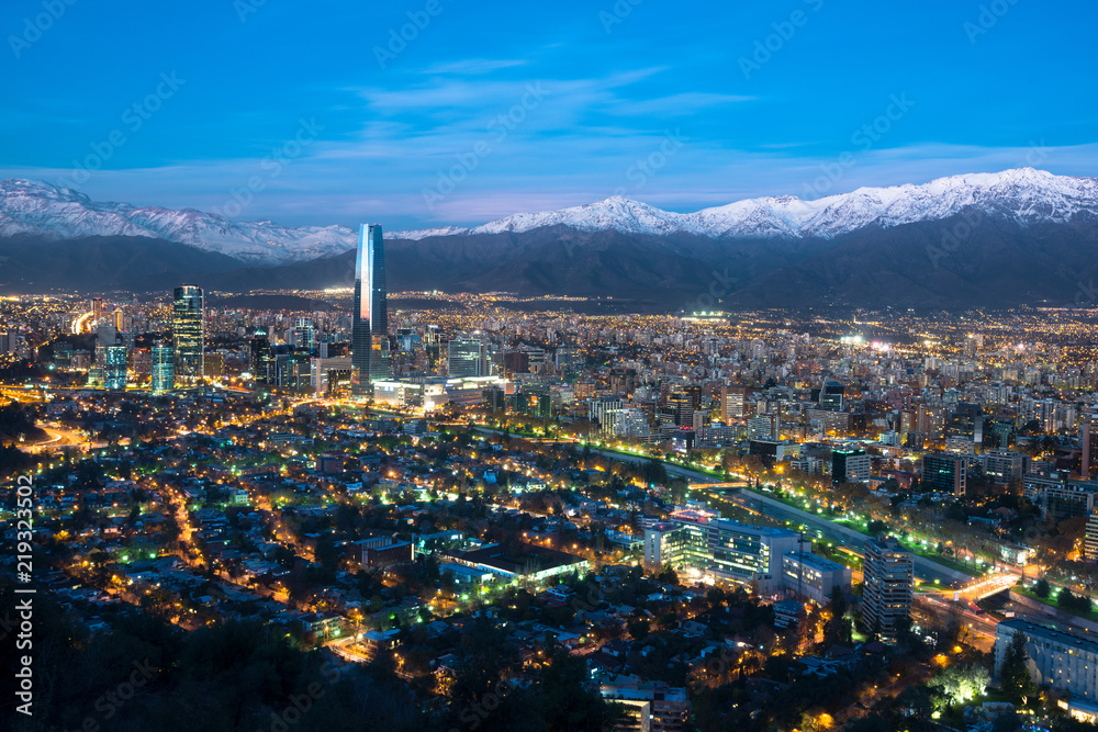 Panoramic view of Providencia and Las Condes districts with Mapocho River and Los Andes Mountain Range, Santiago de Chile