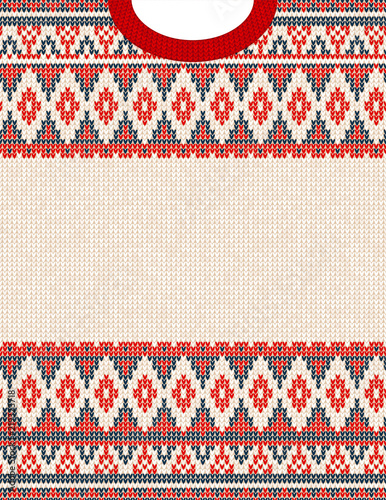 Knitted Chrismas tribal ornament ugly sweater pattern. Ethnic aztec jumper round collar. Vector scandinavian style textile, greeting business card poster background, phone case print. Red, blue, white