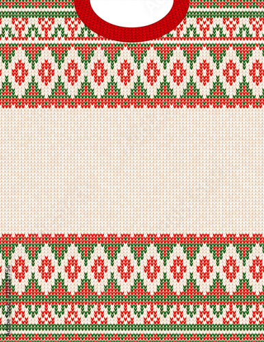 Knitted Chrismas tribal ornament ugly sweater pattern. Ethnic aztec jumper round collar. Vector scandinavian style textile, greeting business card poster background, phone case print Red, green, white