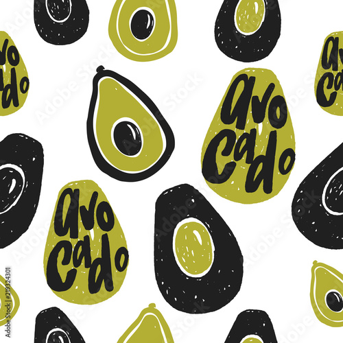Avocado vector seamless pattern. Hand drawn illustration and lettering.