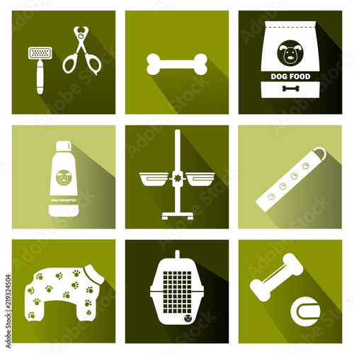 Different dog supplies. Icons with long shadows. Elements for pet store