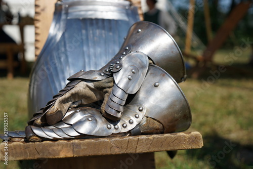 Artfully Handforged Knights armor and helmets for collecting and carrying on festivals 
 photo