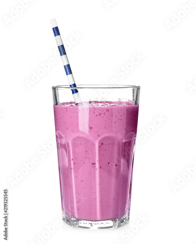 Glass with blackberry yogurt smoothie on white background