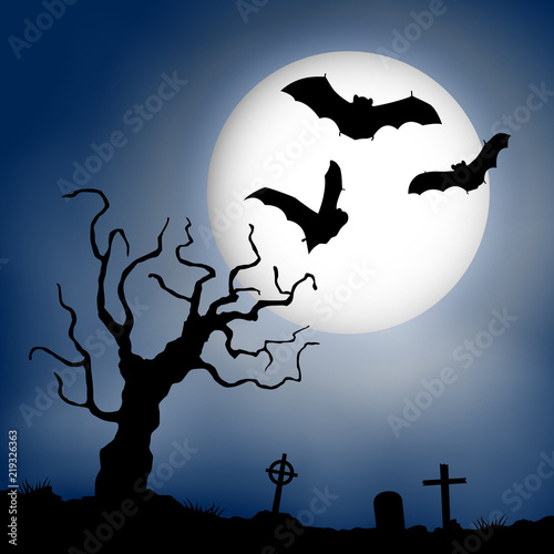 Scary vector haloween landscape with a graveyard and flying bats in full moon.