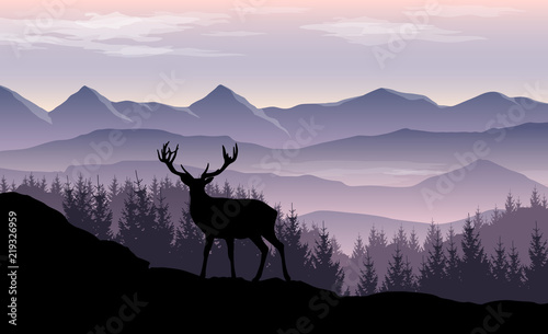 Vector landscape with misty mountains, forest and silhouette of deer