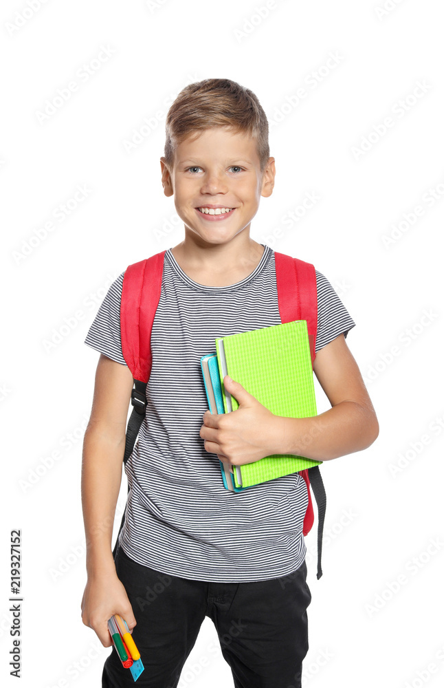 Little boy with backpack and notebooks on white background. Stationery for school Little boy with backpack and notebooks on white background. Stationery for school
