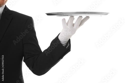 Waiter holding metal tray on white background, closeup