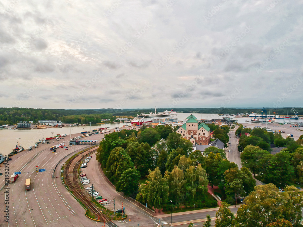 Castle of Turku and the port of Turku. Shot from the air at august.