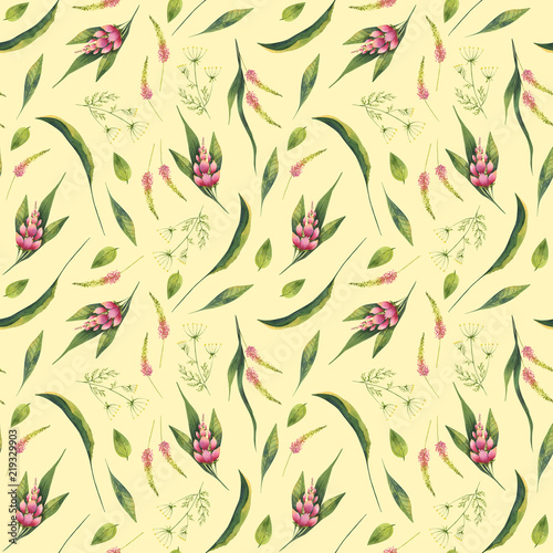 Watercolor seamless pattern with wild flowers on yellow background  retro style