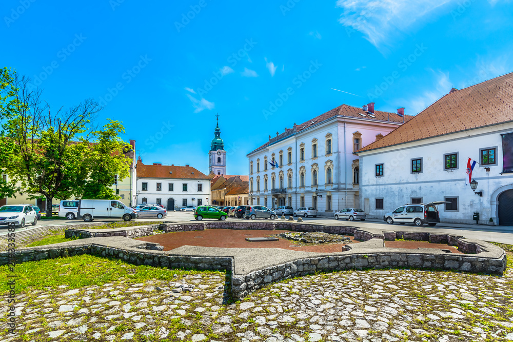 Fototapeta premium Karlovac city travel places./ Scenic view at marble traditional architecture in city center of Karlovac town, Central Croatia.
