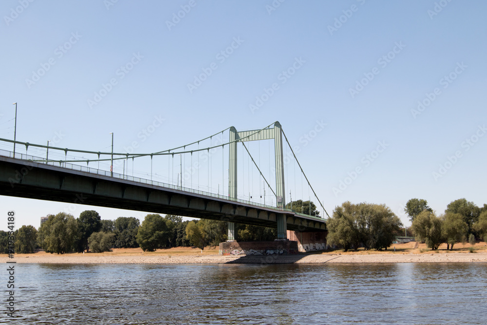 Fototapeta premium teilansicht der mühlheimer brücke mit natürlichem flussufer in köln deutschland fotografiert während einer bootstour auf dem rhein mit einem weitwinkelobjektiv