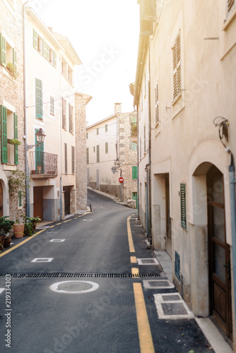 narrow street in small village of Banyalbufar on balearic island of Mallorca, Spain