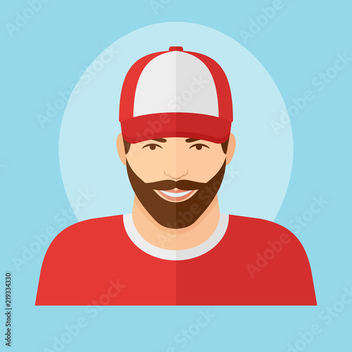 Man with beard in baseball cap flat style icon. Male character vector illustration.