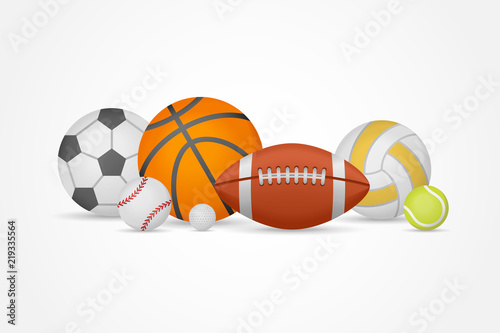 Valokuvatapetti Set of different sports balls in a heap isolated on white background
