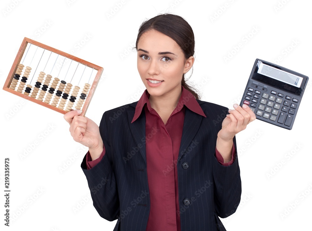 Businesswoman with Abacus and Calculator - Isolated Businesswoman with Abacus and Calculator - Isolated