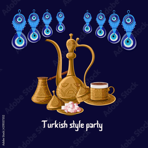Turkish style party greeeting card with evil eyes and brass utensils pitcher, turkish delights, cezve and coffe cup.