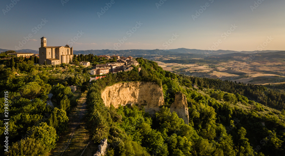 Spectacular aerial view of the old town of Volterra in Tuscany, Italy