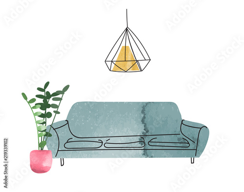 vector interior design hand drawn watercolor illustration. living room furniture sketch.  interior design logo banner.