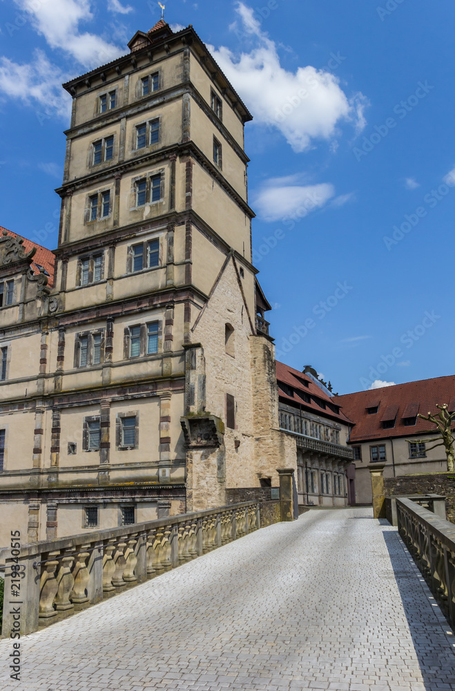 Tower and bridge of the historic Brake castle in Lemgo, Germany