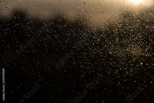 Rain outside the window during sunset. Bright texture of water droplets