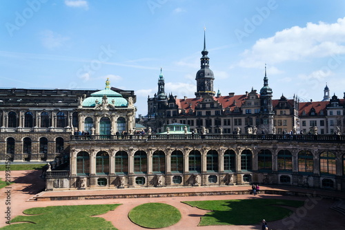 DRESDEN, GERMANY - APRIL 2 2018: People walk around baroque Zwinger palace on April 2, 2018 in Dresden, Germany.