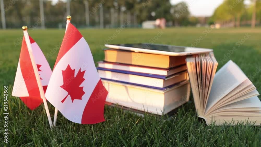 Canadian flag and books on the grass. Education in Canada.