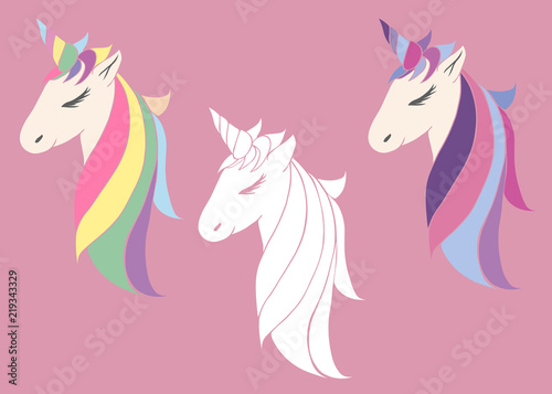 set of vector pink unicorns beautiful for girls  festive purple for birthday. head of a unicorn with a horn mane