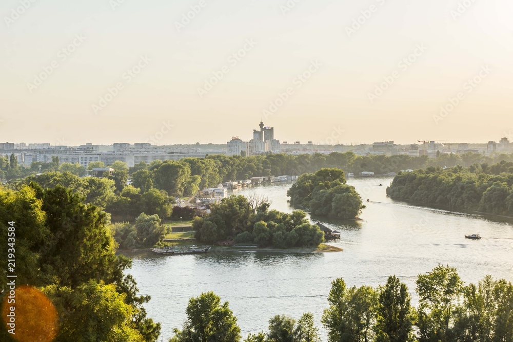 Belgrade landscape of usce and danube river.